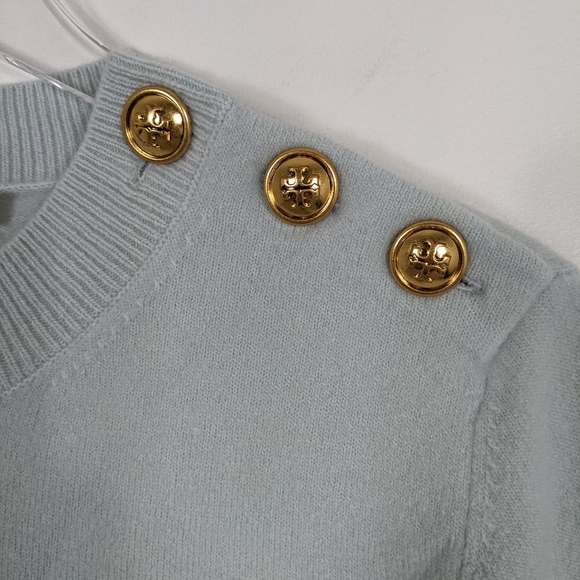 Tory Burch Seafoam Green Wool Blend Crew Neck Button Accent Sweater Medium - Picture 4 of 8